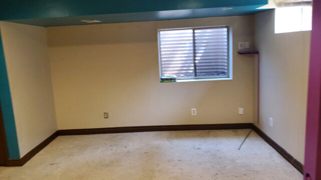 Painted blue accent wall in the basement.