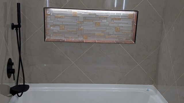 Tiled shower niche before final finishing.