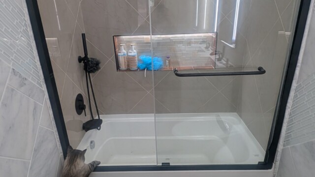Finished shower with glass enclosure and tiled walls.